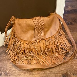 Faux Leather Brown Fringe Cross Body Purse